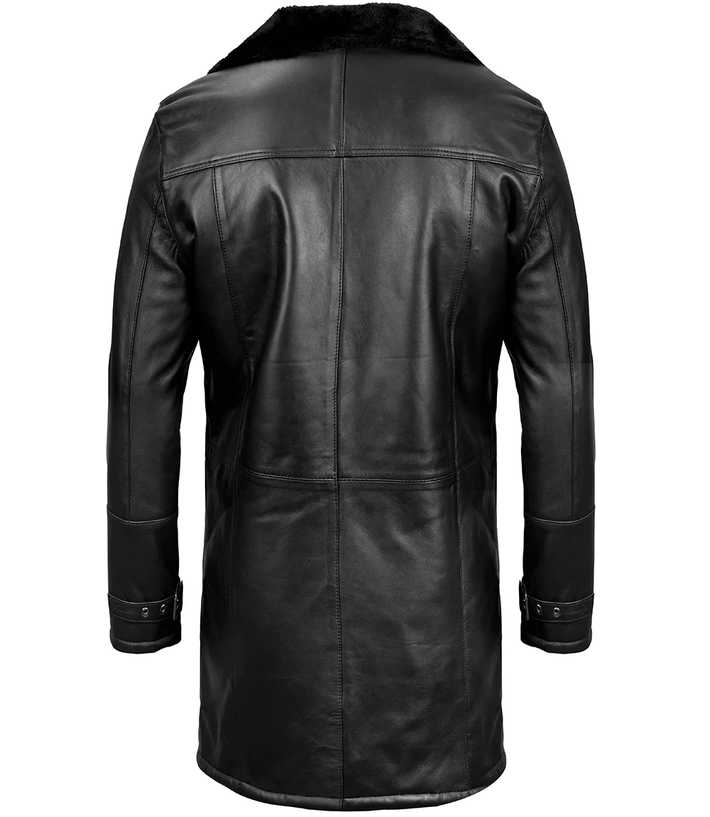 Men's Black Leather Long Shearling Coat