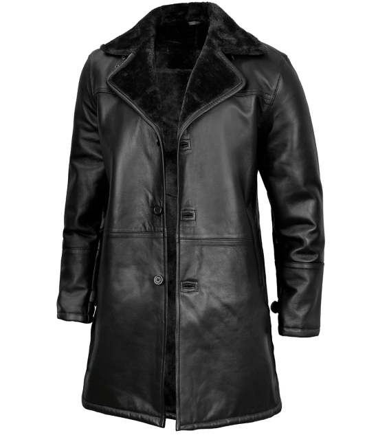 Men's Black Leather Long Shearling Coat