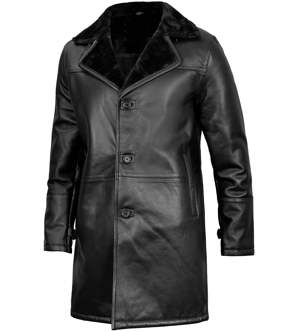 Men's Black Leather Long Shearling Coat