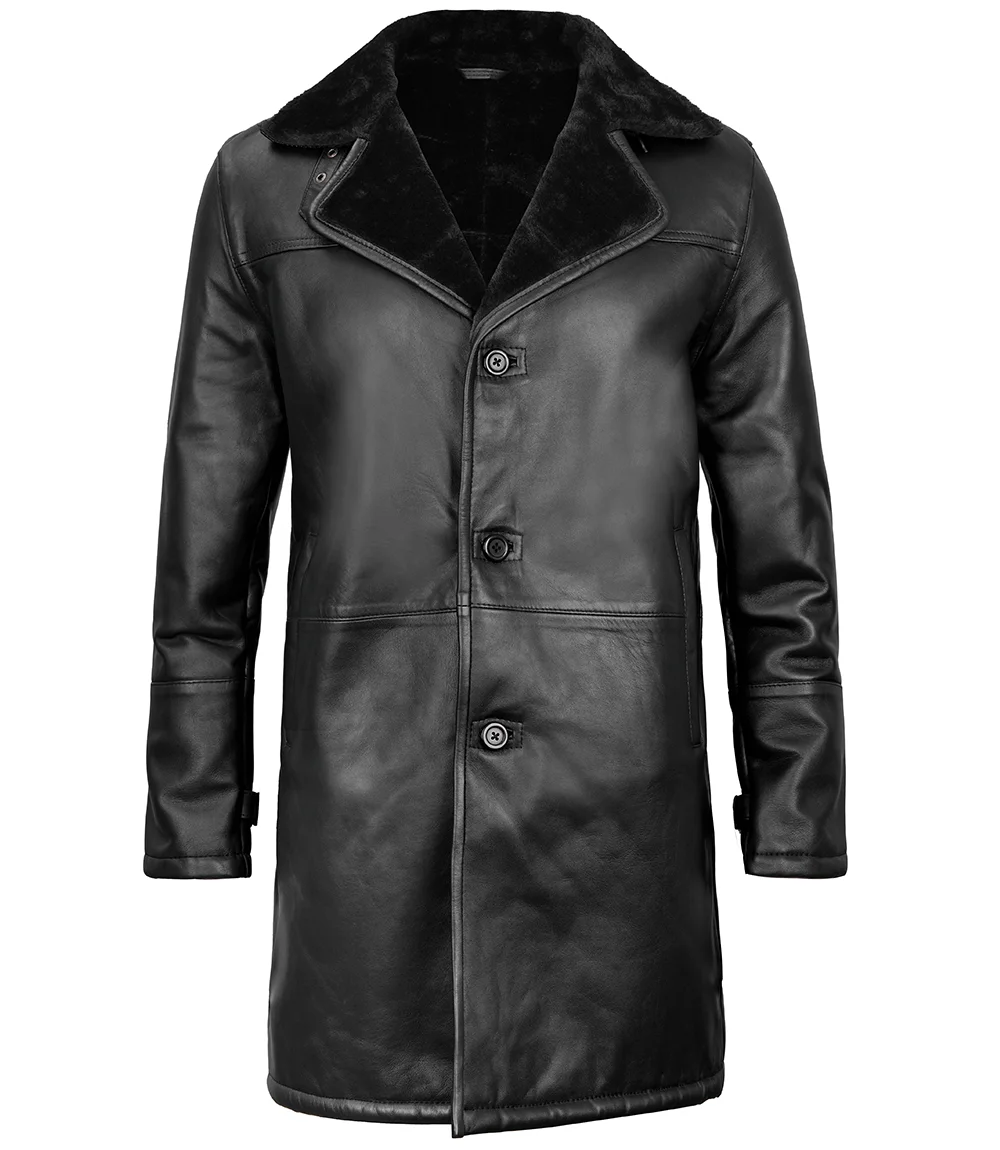 Men's Black Leather Long Shearling Coat