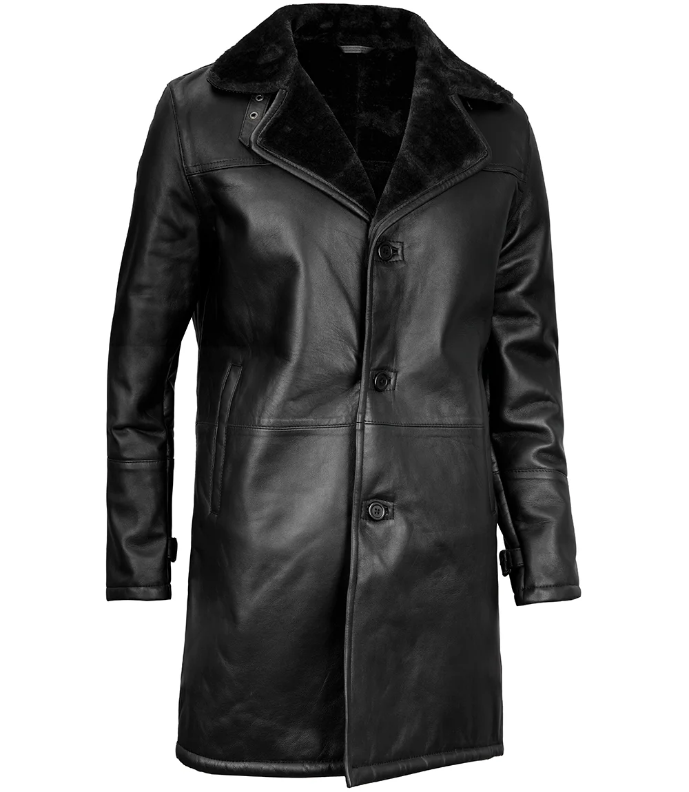 Men's Black Leather Long Shearling Coat