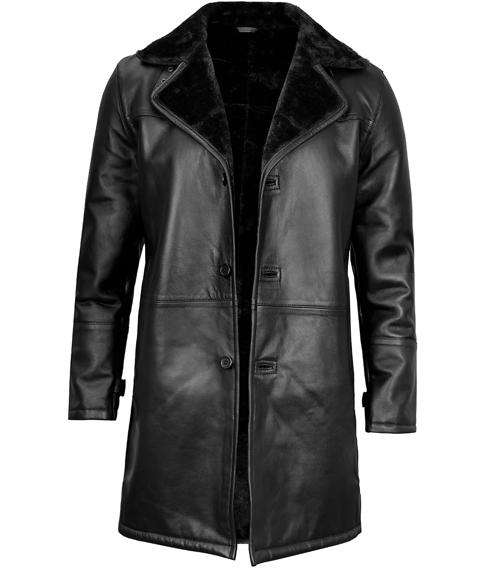 Men's Black Leather Long Shearling Coat