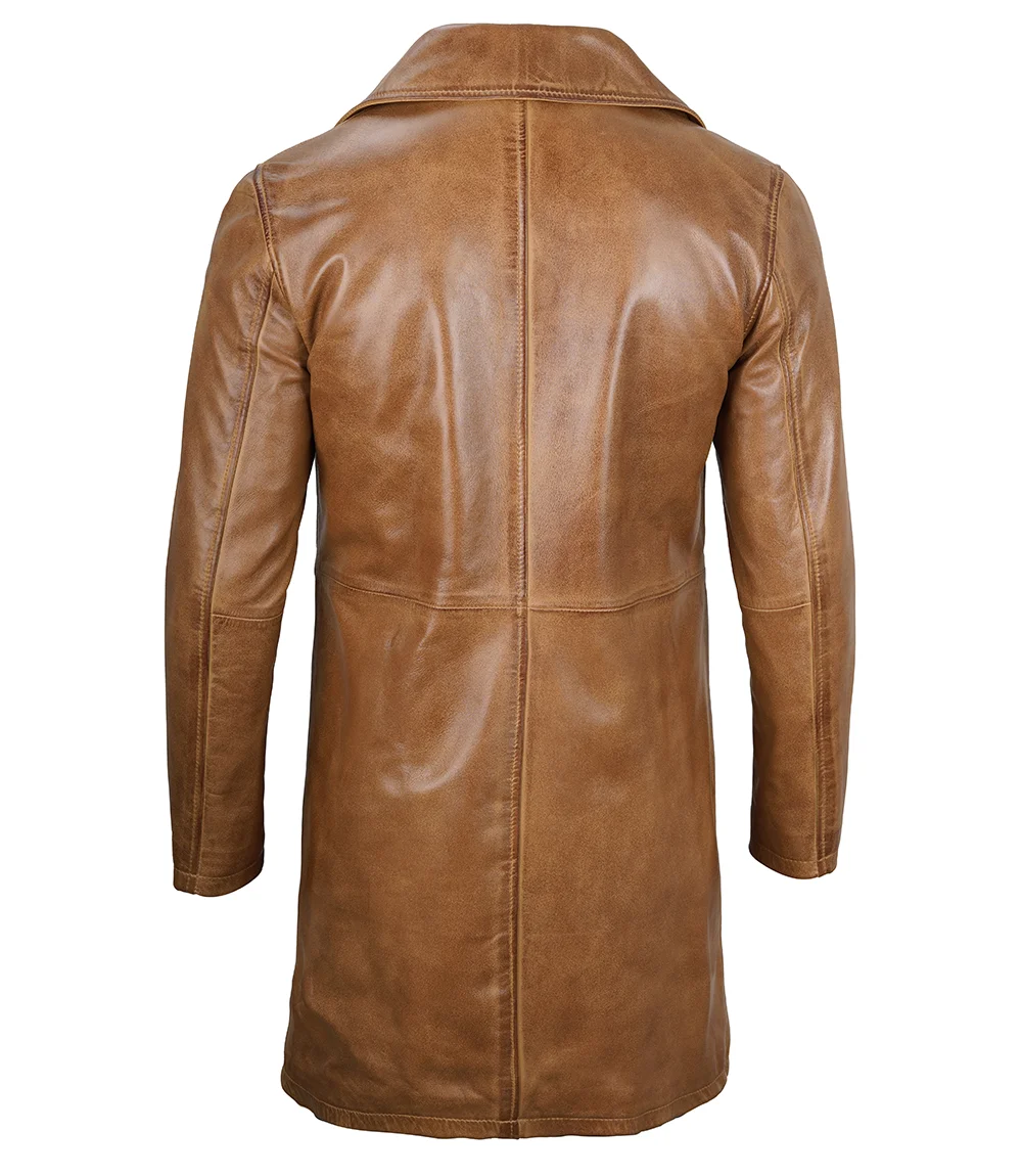 Men's Camel Brown Real Leather Car Coat