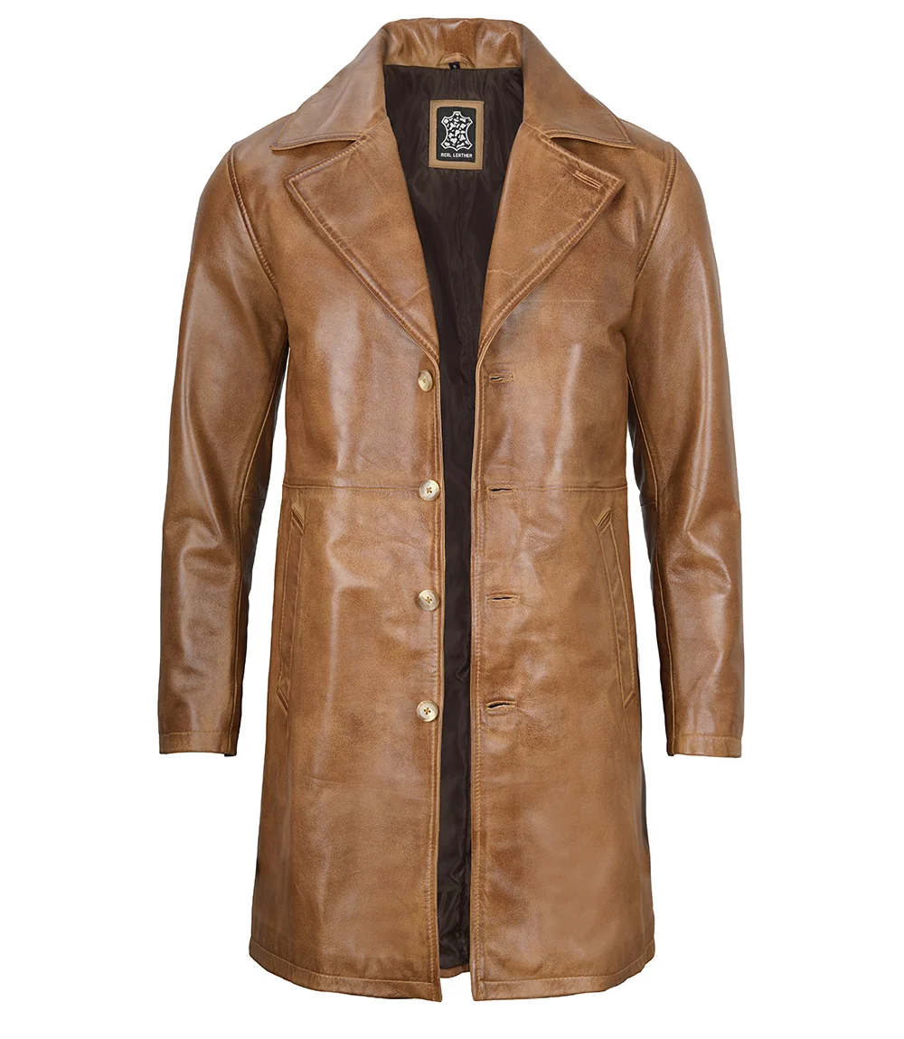 Men's Camel Brown Real Leather Car Coat