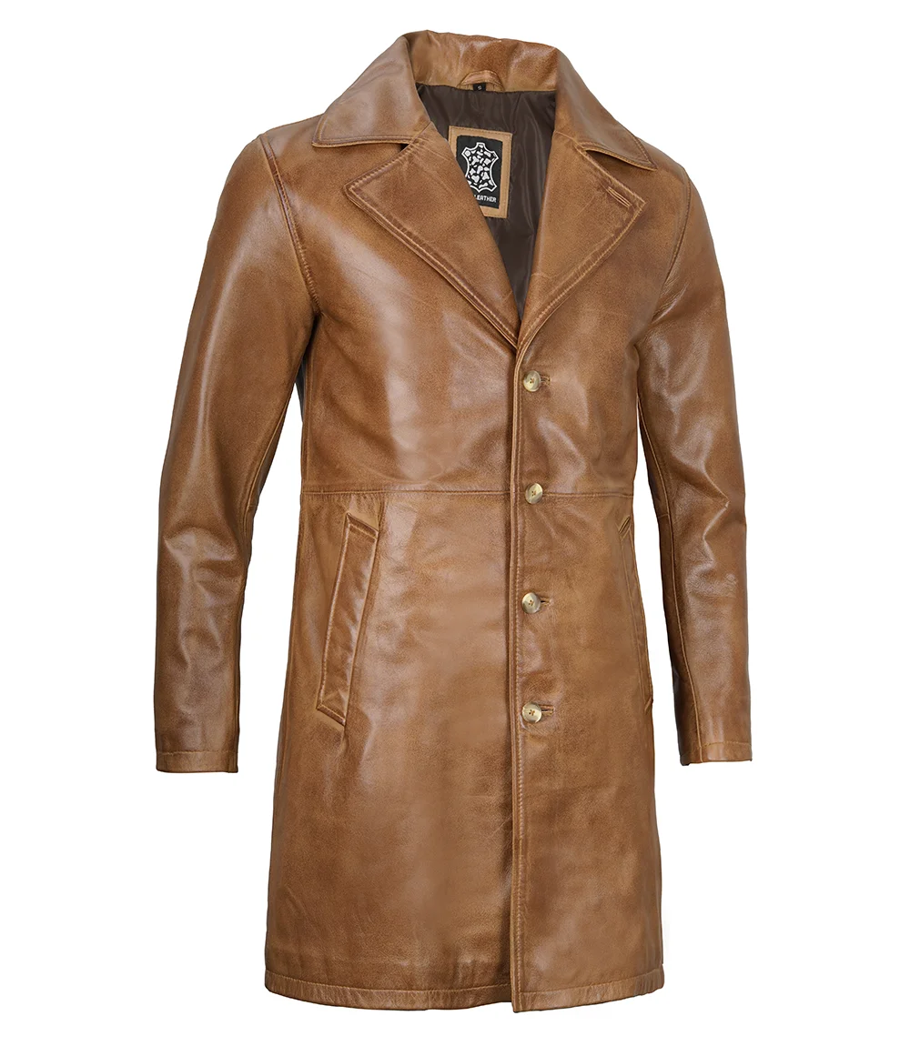 Men's Camel Brown Real Leather Car Coat