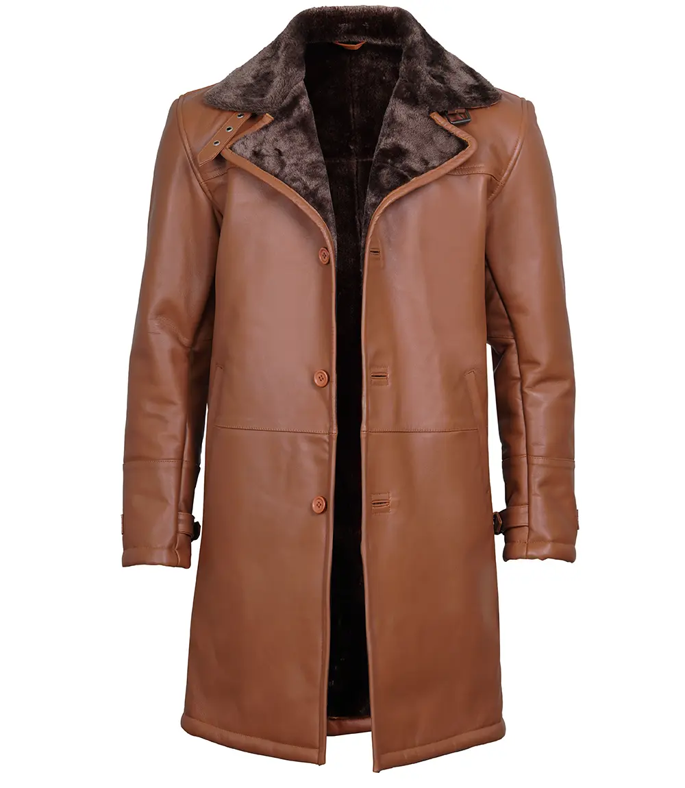 Men's Dark Brown Cognac Leather Shearling Coat