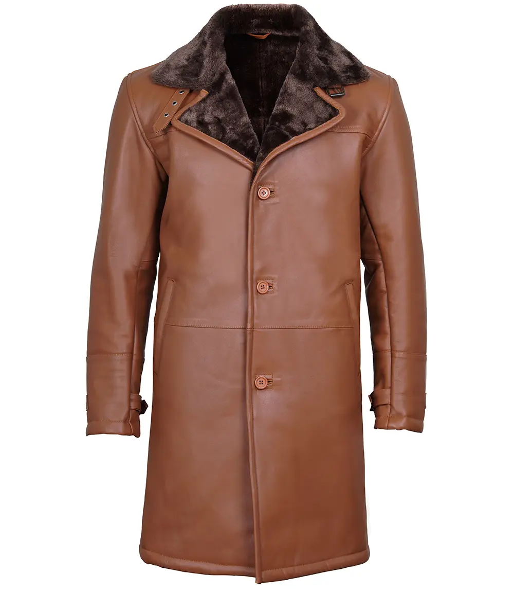 Men's Dark Brown Cognac Leather Shearling Coat