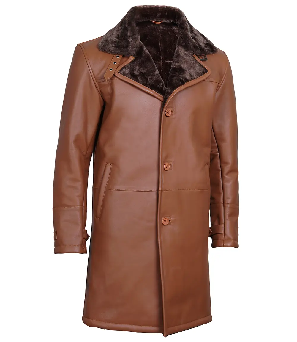 Men's Dark Brown Cognac Leather Shearling Coat