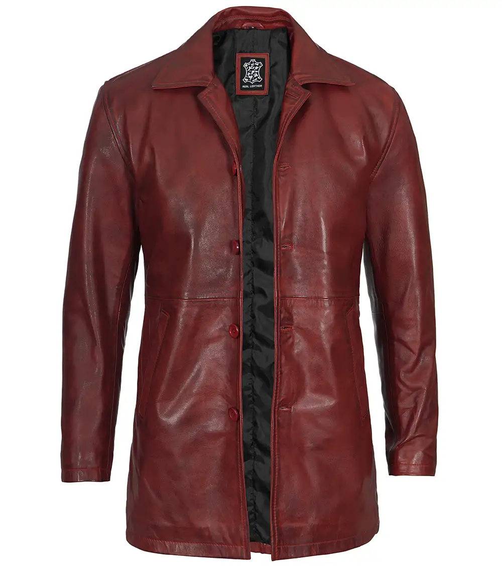 Men's Maroon Real Lambskin Leather Car Coat