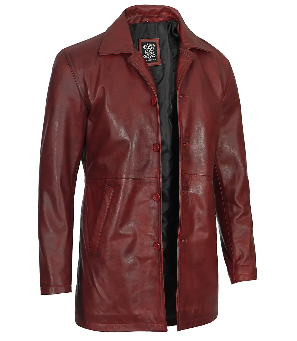 Men's Maroon Real Lambskin Leather Car Coat