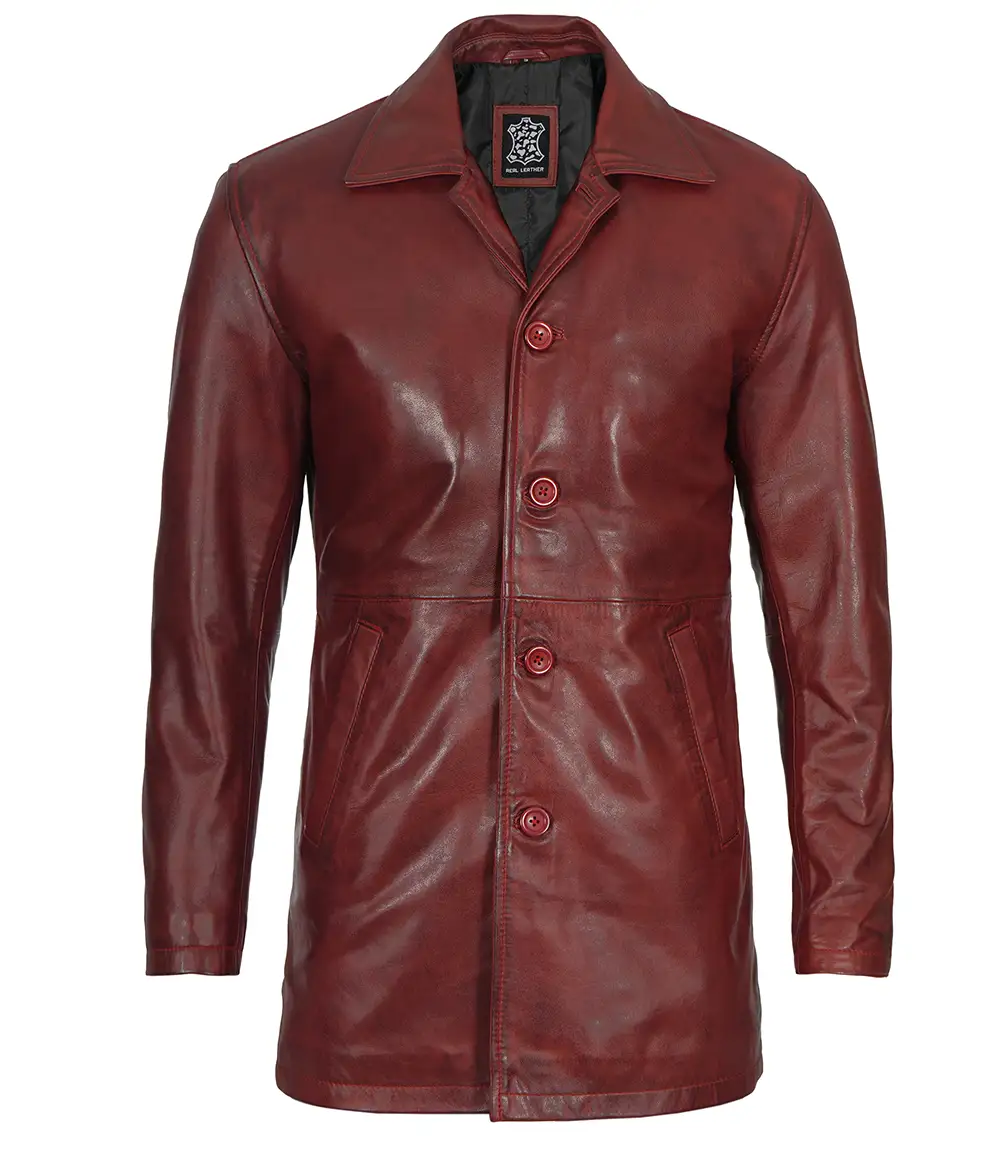 Men's Maroon Real Lambskin Leather Car Coat