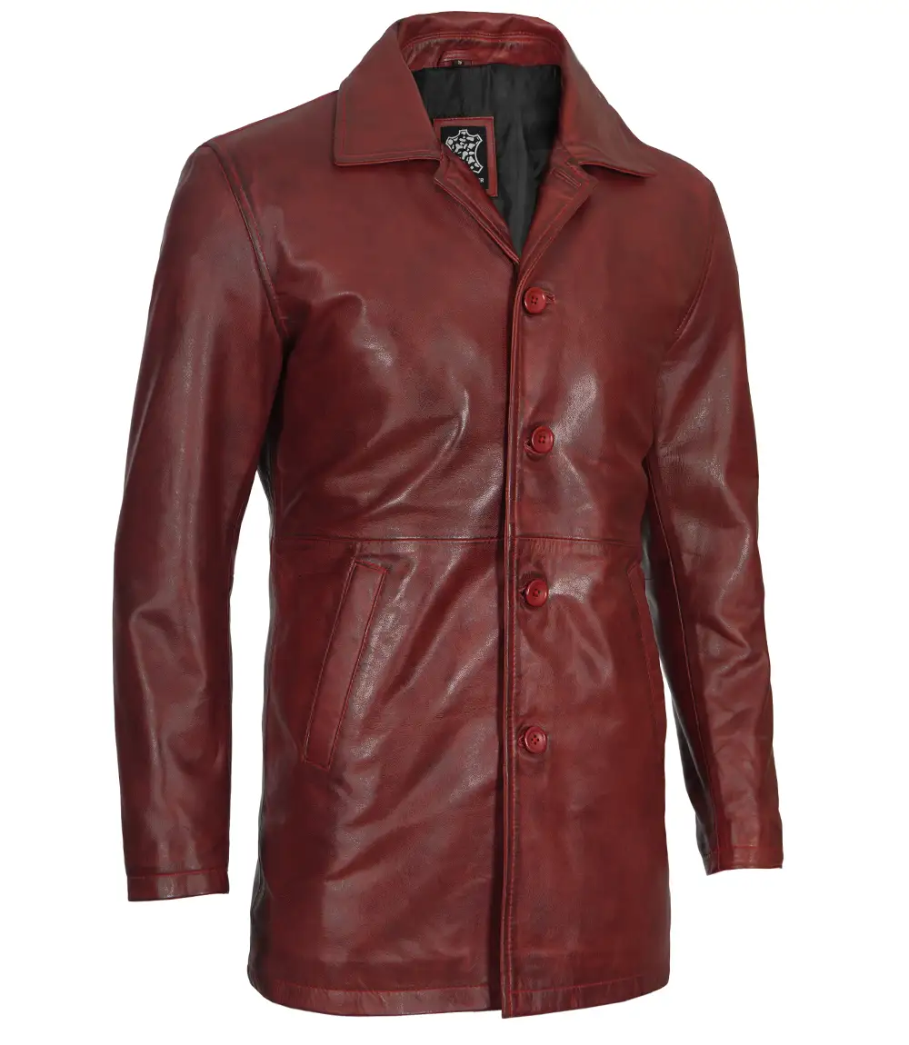 Men's Maroon Real Lambskin Leather Car Coat