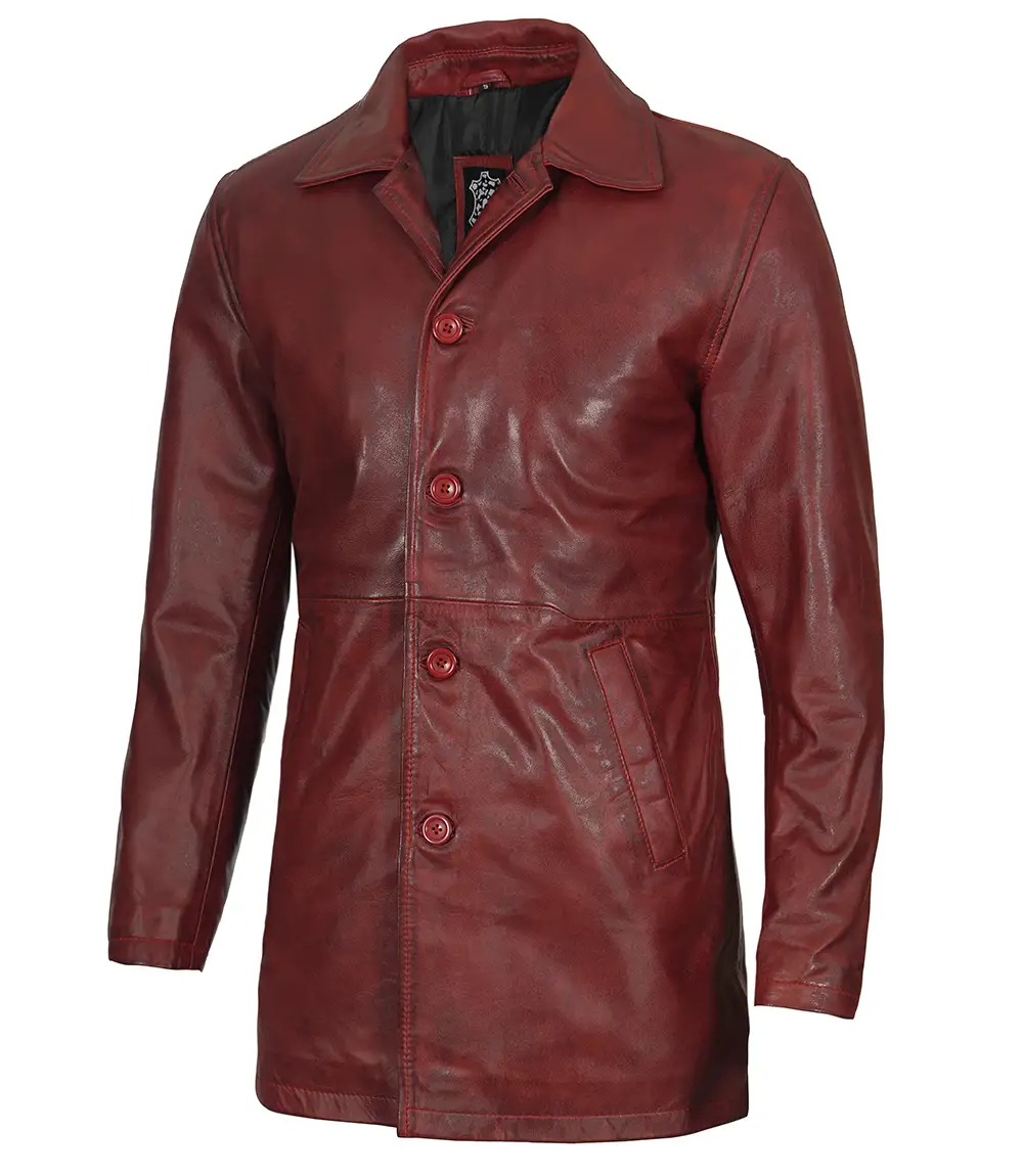 Men's Maroon Real Lambskin Leather Car Coat