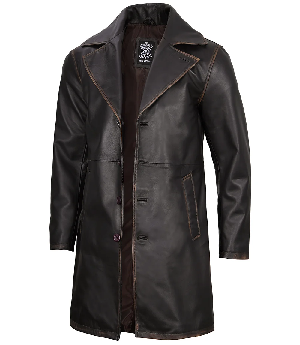 Men's Real Leather Rub Off Dark Brown Car Coat