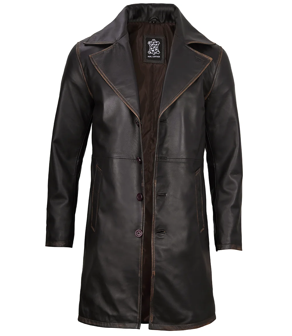 Men's Real Leather Rub Off Dark Brown Car Coat