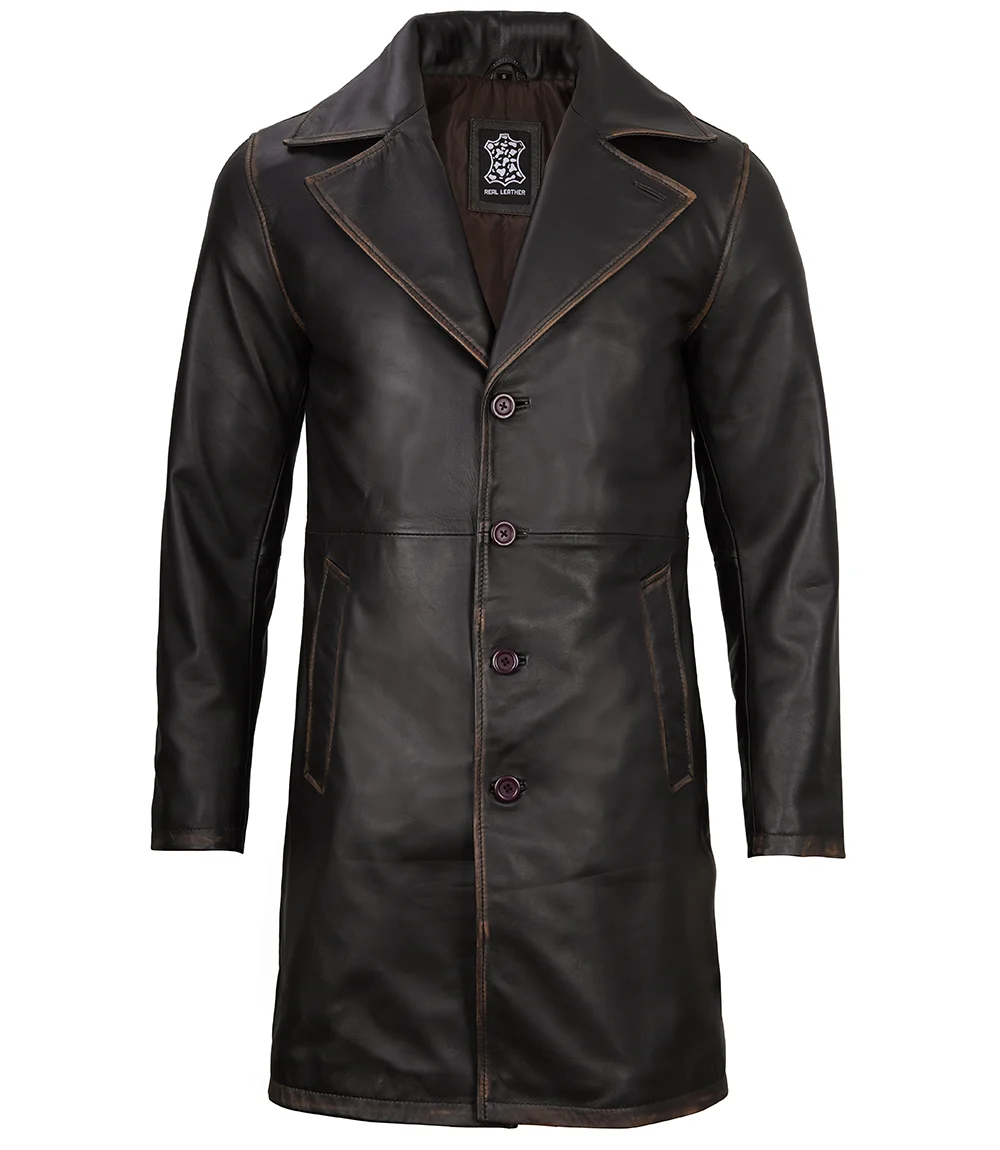 Men's Real Leather Rub Off Dark Brown Car Coat