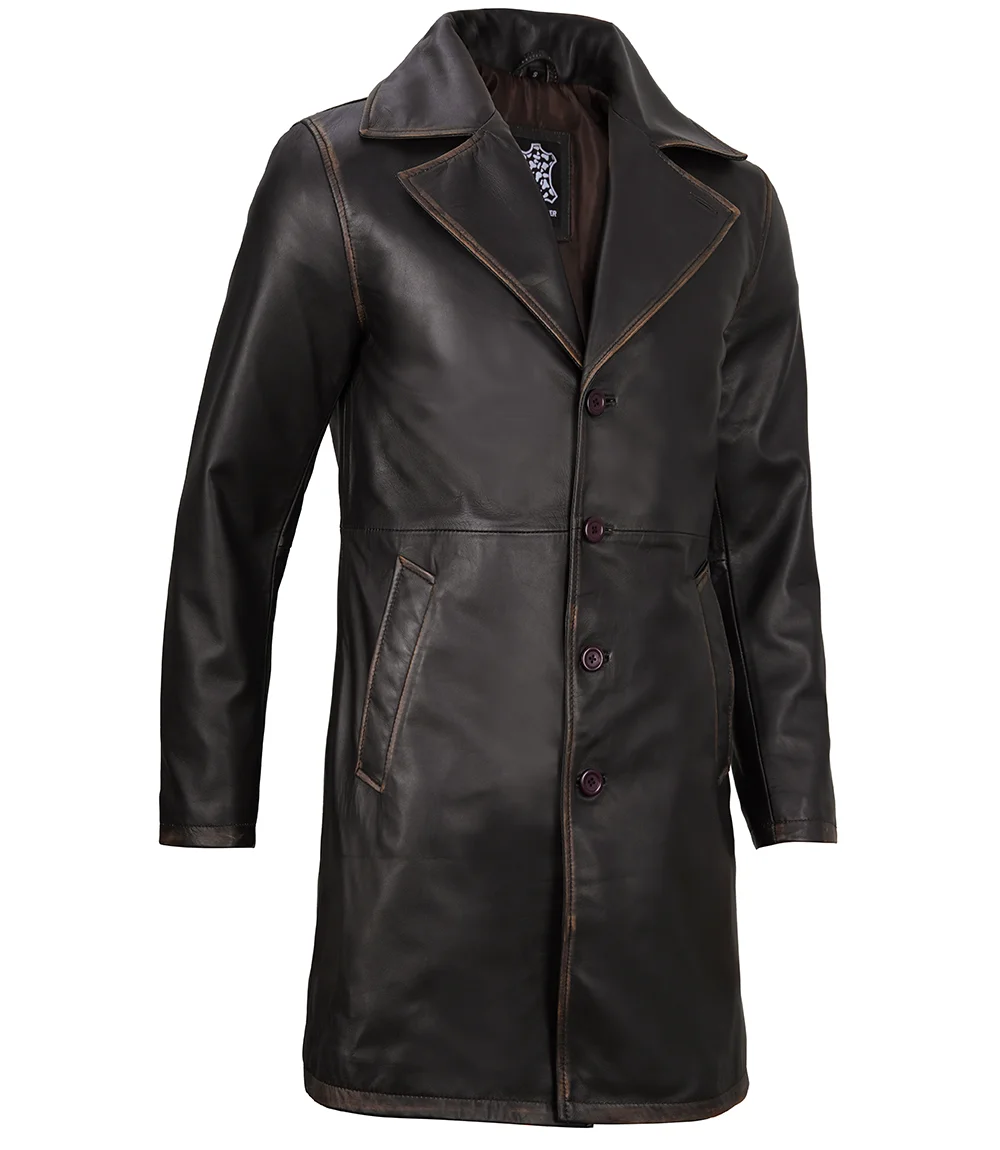 Men's Real Leather Rub Off Dark Brown Car Coat