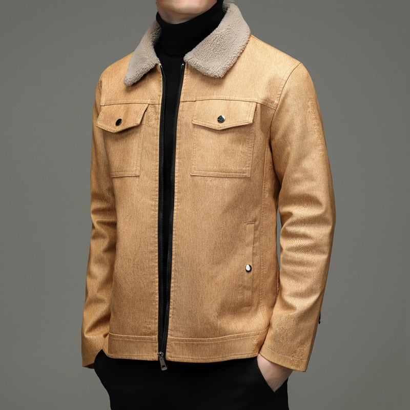 Men's Casual Winter Solid Plush Fur Leather Slim Fit Streetwear Jacket