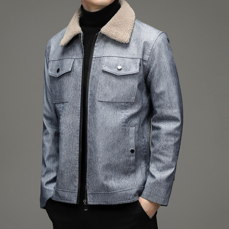 Men's Casual Winter Solid Plush Fur Leather Slim Fit Streetwear Jacket