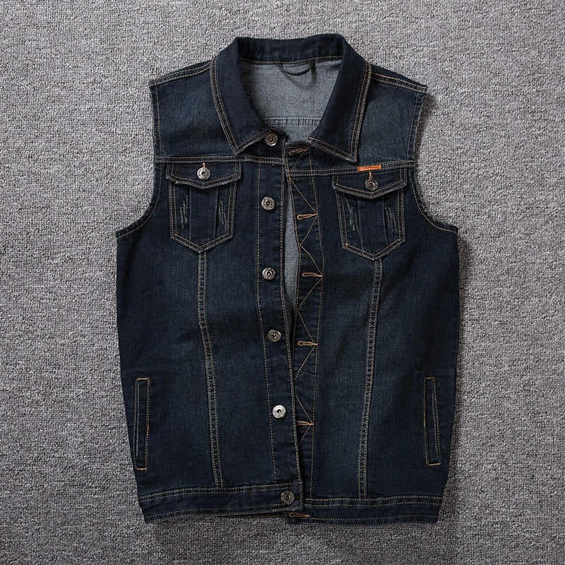 Men's Cotton Loose Cowboy Sleeveless Turn Down Collar Denim Vest Jacket