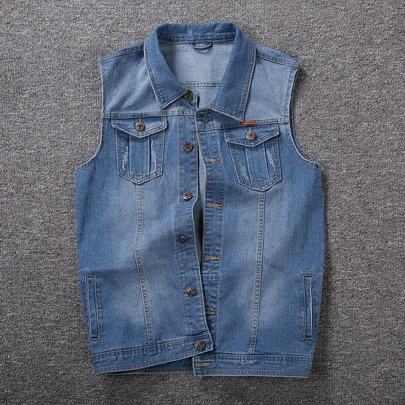 Men's Cotton Loose Cowboy Sleeveless Turn Down Collar Denim Vest Jacket