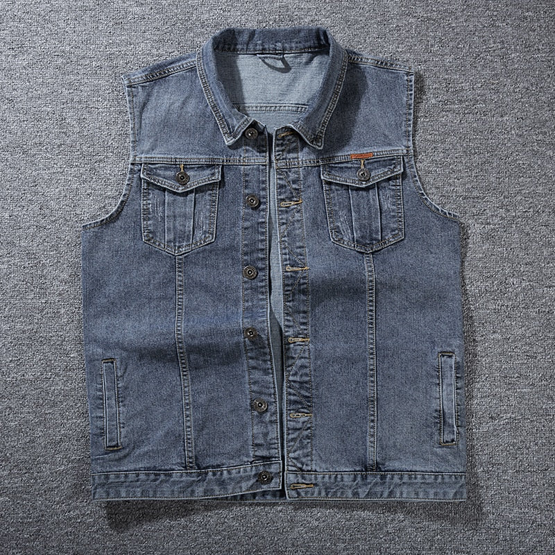 Men's Cotton Loose Cowboy Sleeveless Turn Down Collar Denim Vest Jacket