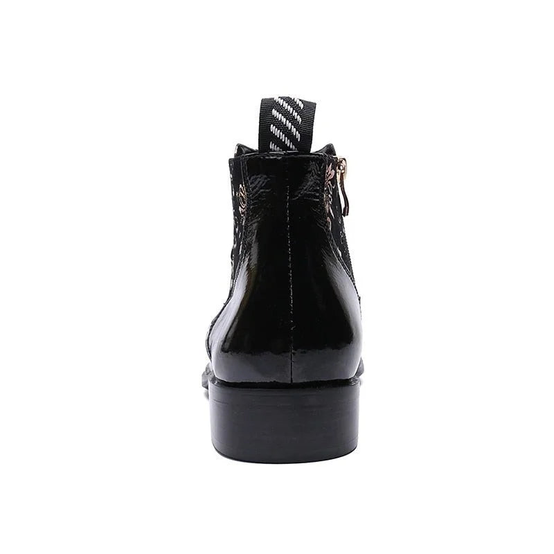 Men's Italian Party Style Pointed Metal Toe Black Leather Ankle Boots