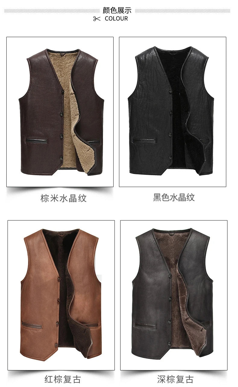 Men's Solid Pattern V-Neck Genuine Leather Real Lamb Fur Vest Coat