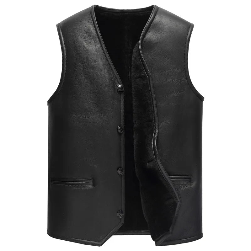 Men's Solid Pattern V-Neck Genuine Leather Real Lamb Fur Vest Coat