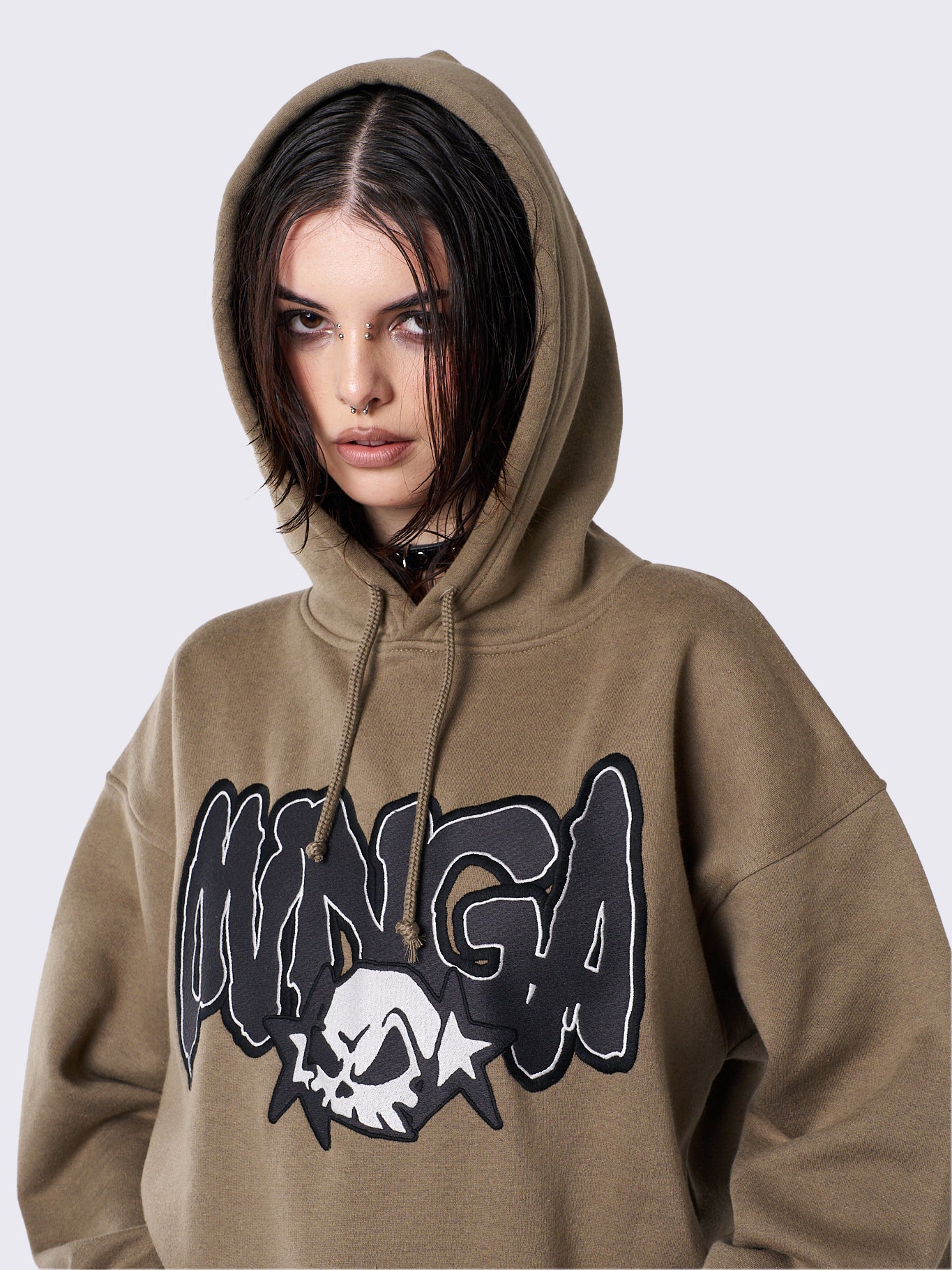 Minga Skull Khaki Graphic Hoodie