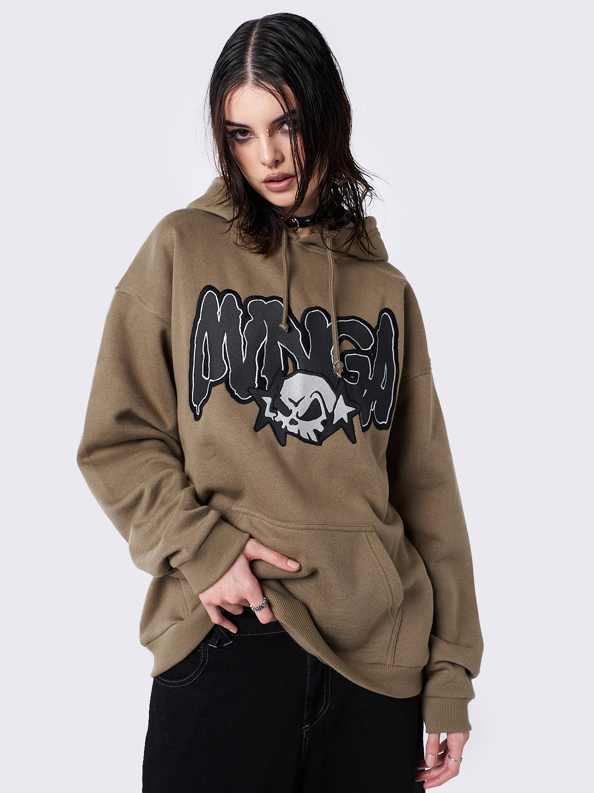 Minga Skull Khaki Graphic Hoodie