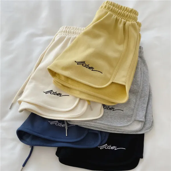 New Summer Short Pants Embroidery Letters Drawstrings Elastic Waistband High Waist Women's Shorts