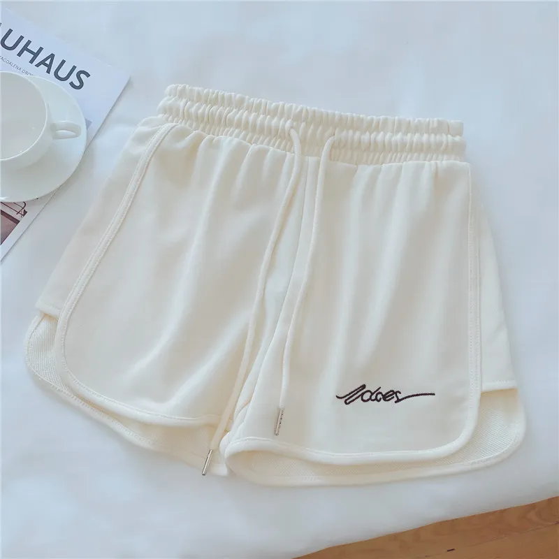 New Summer Short Pants Embroidery Letters Drawstrings Elastic Waistband High Waist Women's Shorts