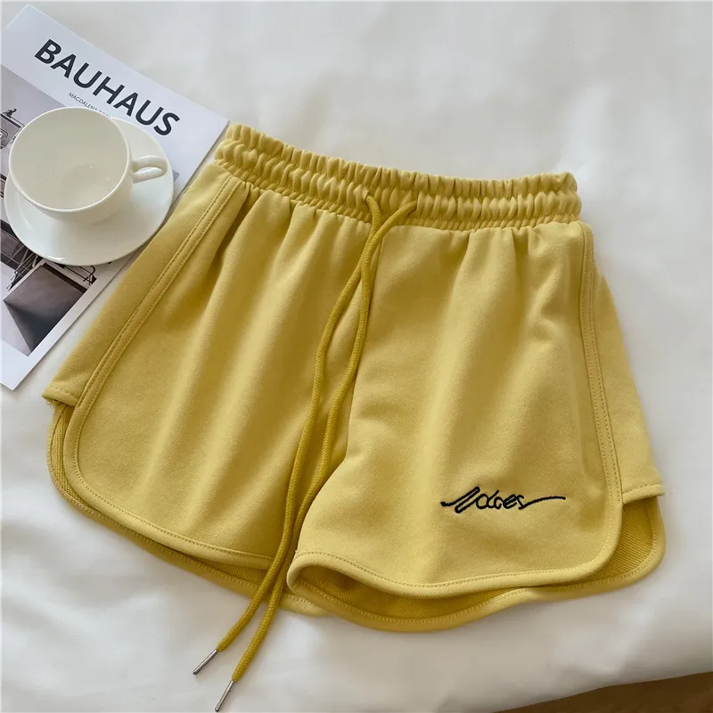 New Summer Short Pants Embroidery Letters Drawstrings Elastic Waistband High Waist Women's Shorts