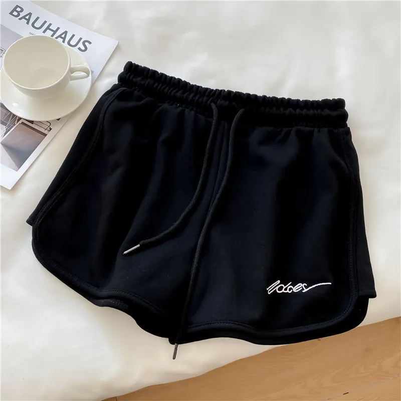 New Summer Short Pants Embroidery Letters Drawstrings Elastic Waistband High Waist Women's Shorts