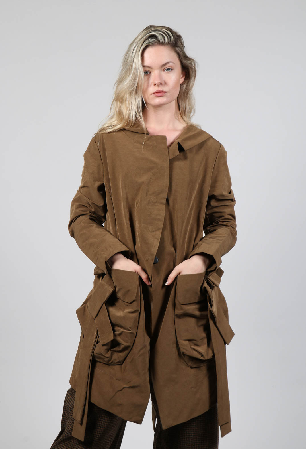 Open Hem Coat with Belt Detail in Bronze