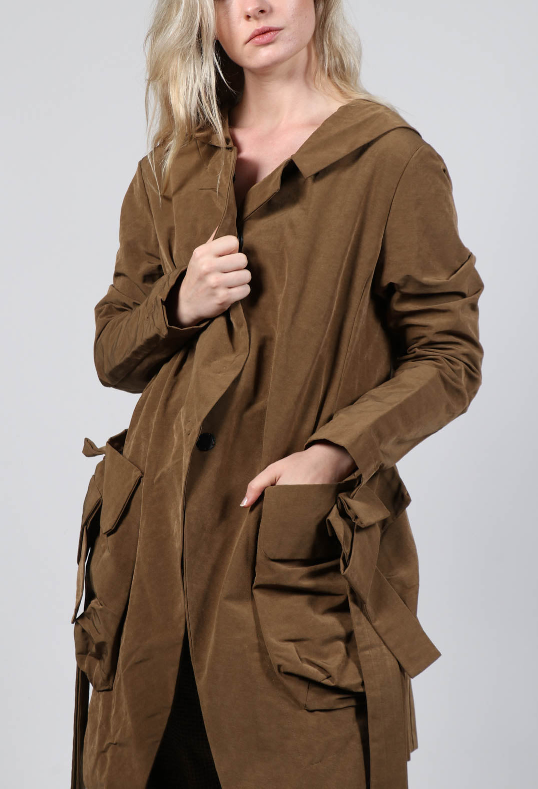 Open Hem Coat with Belt Detail in Bronze