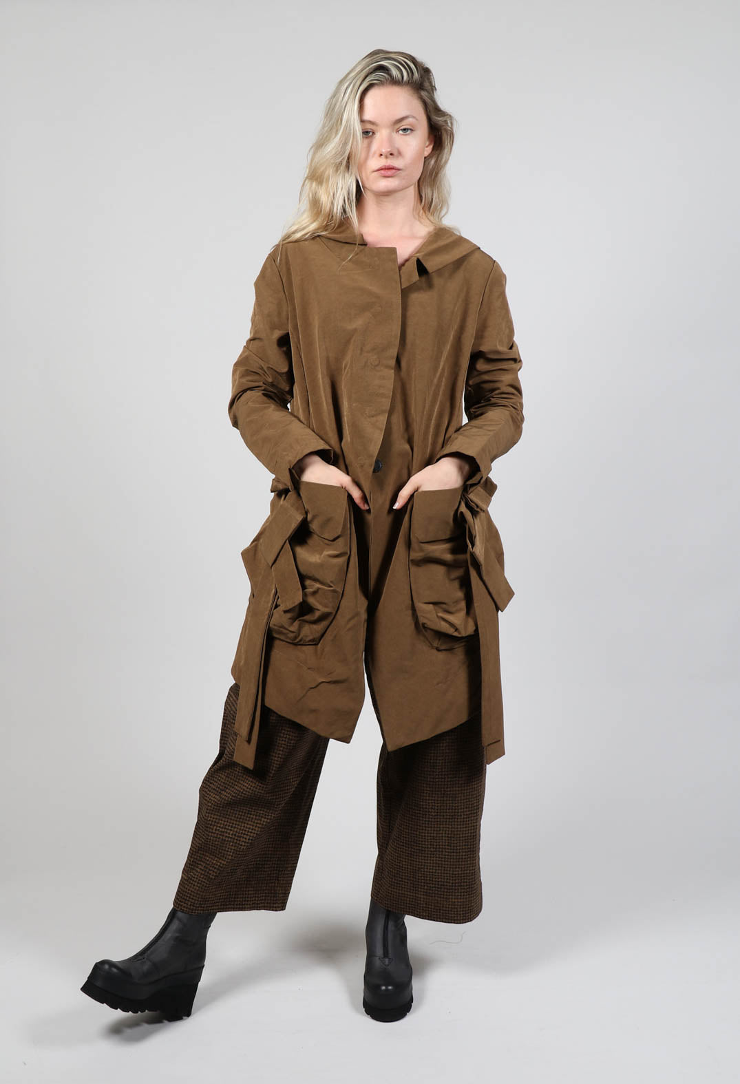 Open Hem Coat with Belt Detail in Bronze