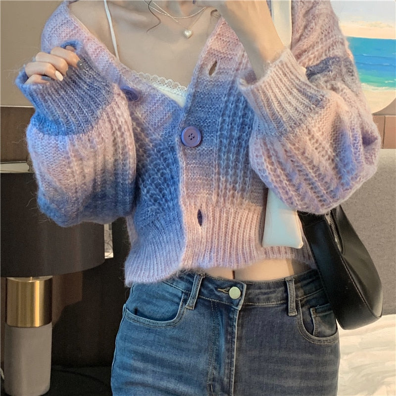 Pastel Rainbow Cropped Sweater Cardigan