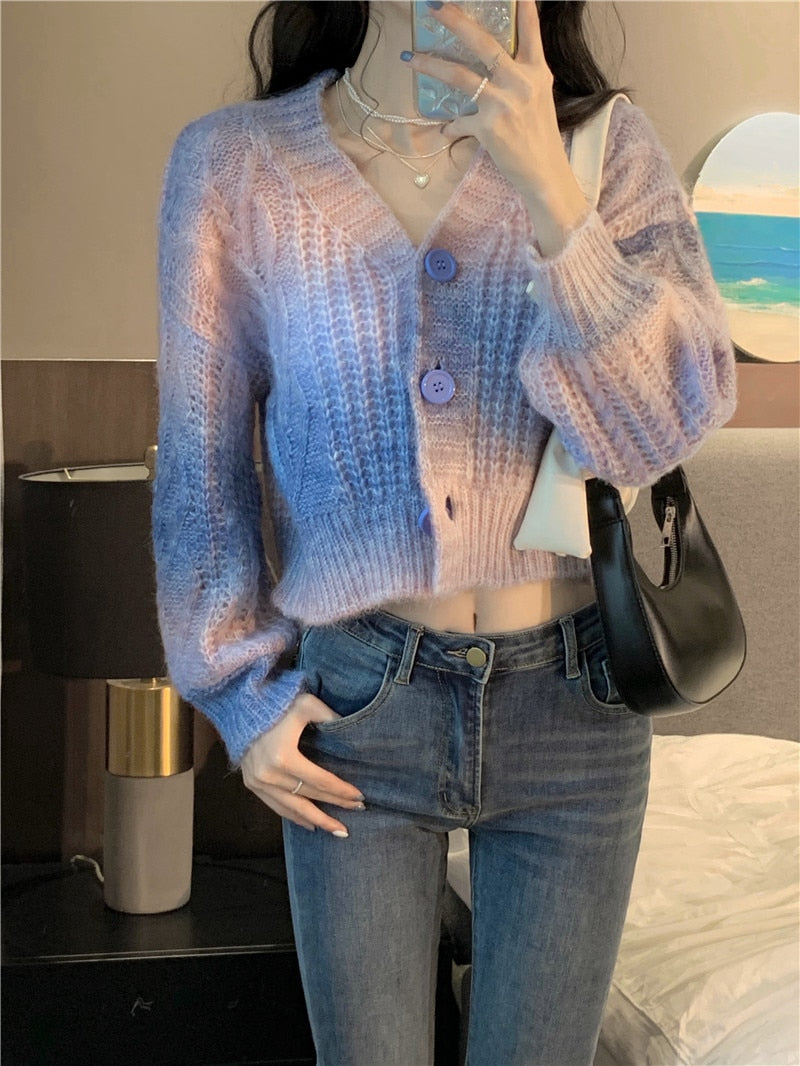 Pastel Rainbow Cropped Sweater Cardigan