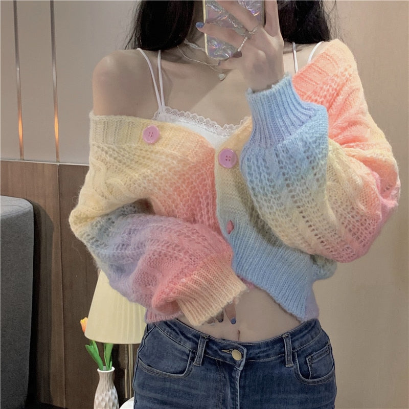 Pastel Rainbow Cropped Sweater Cardigan