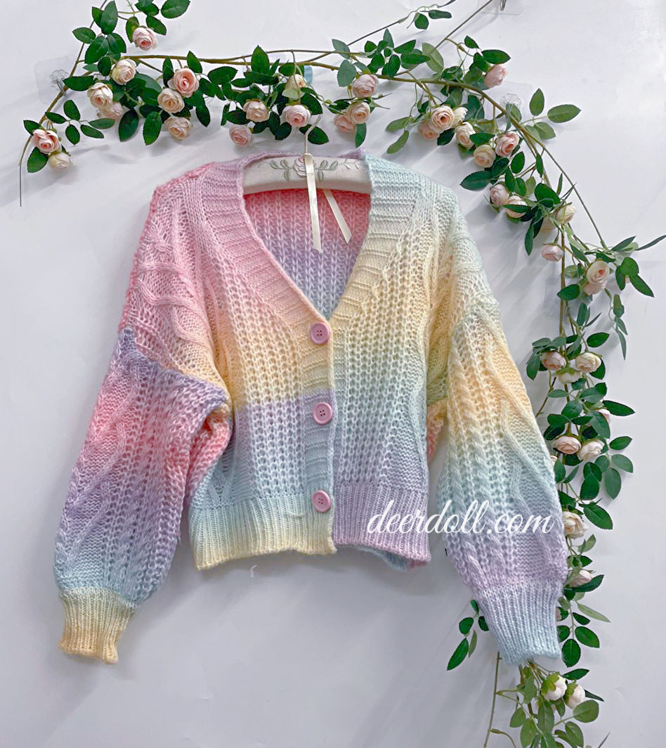 Pastel Rainbow Cropped Sweater Cardigan