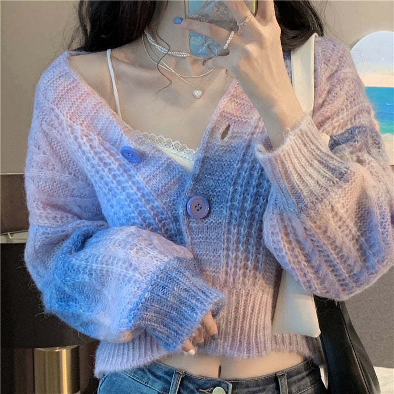 Pastel Rainbow Cropped Sweater Cardigan