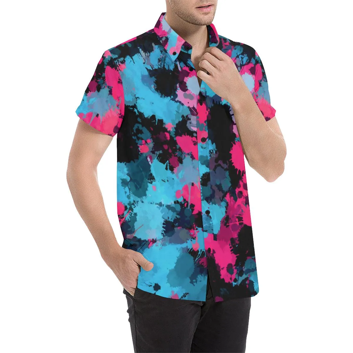 Pink and Blue Paint Splatter Short Sleeve Button Up Shirt