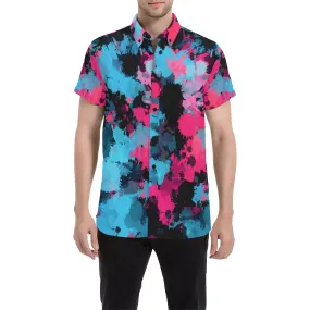 Pink and Blue Paint Splatter Short Sleeve Button Up Shirt