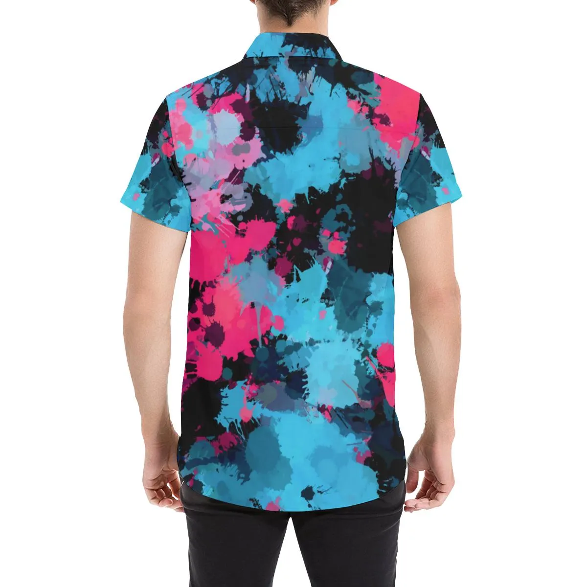 Pink and Blue Paint Splatter Short Sleeve Button Up Shirt