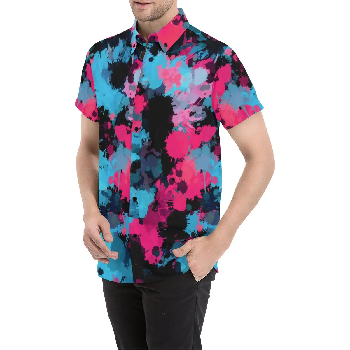 Pink and Blue Paint Splatter Short Sleeve Button Up Shirt