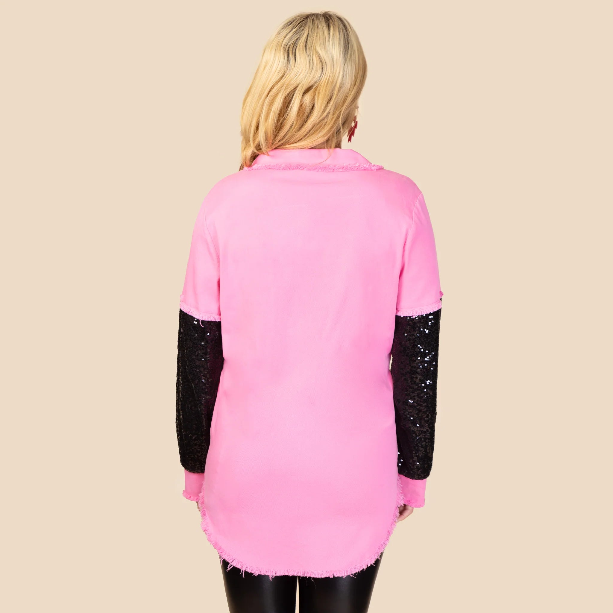 Pink Denim Shacket with black sequin sleeves