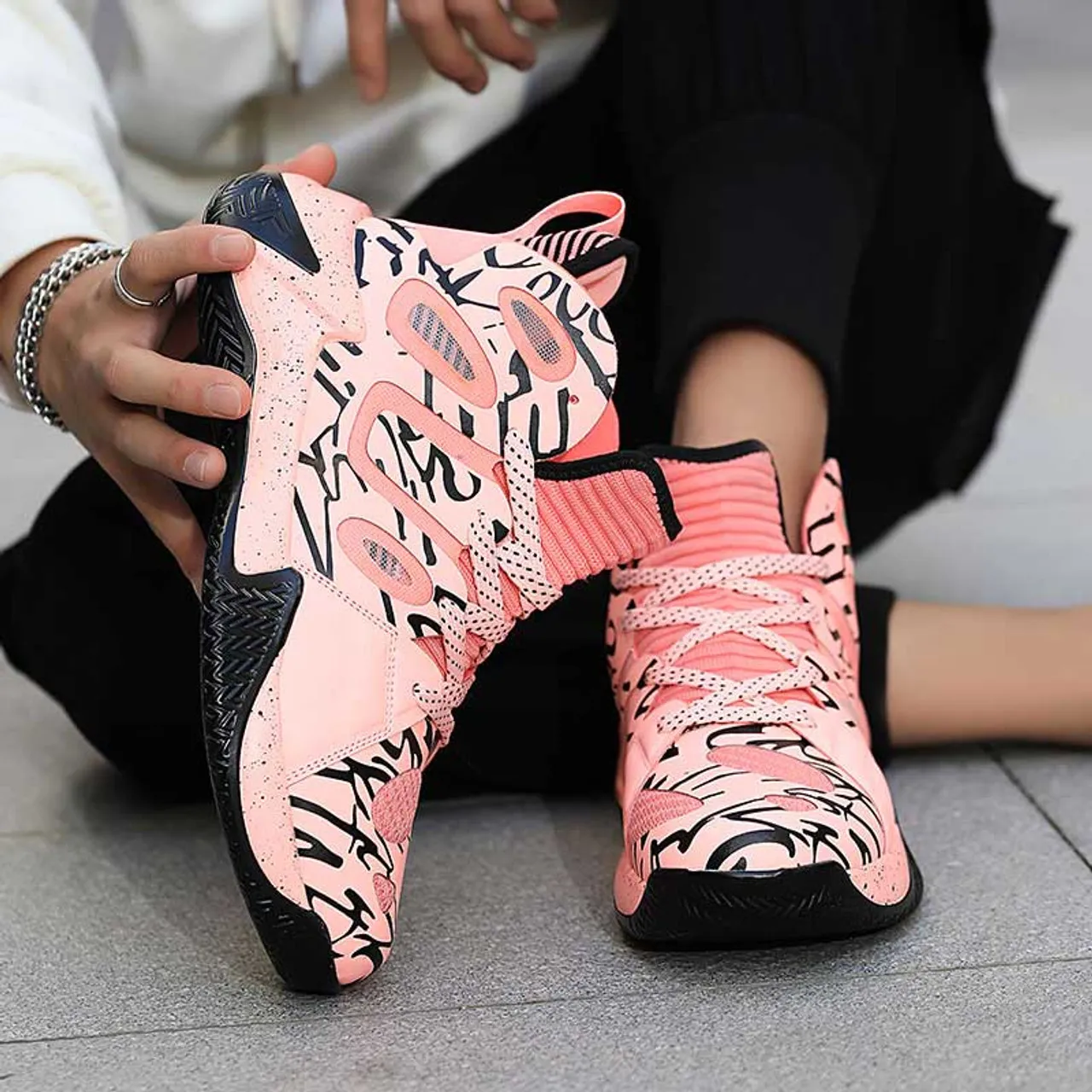 Pink microfiber stripe pattern sport shoe sneaker