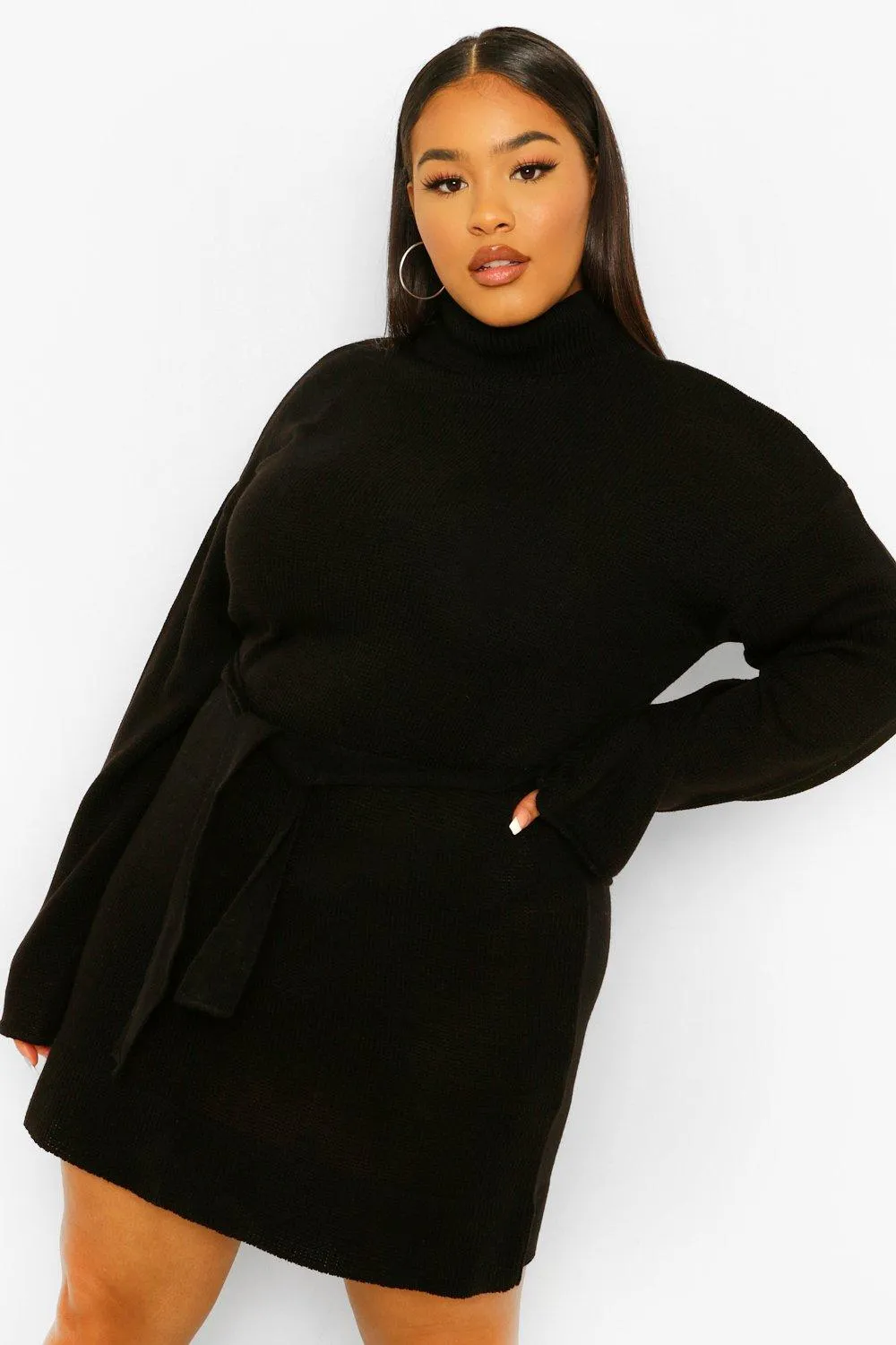 Plus High Neck Belted Sweater Dress